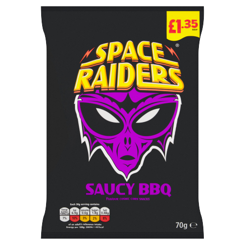 SPACE RAIDERS SAUCY BBQ CRISPS PMP £1.35 70G
