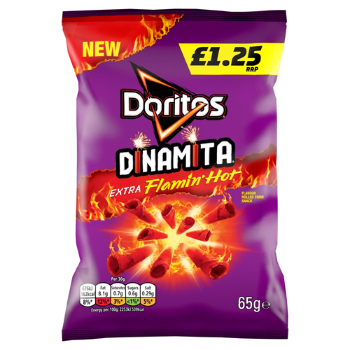 DORITOS DINAMITA EXTRA FLAMIN’ HOT CRISPS PMP £1.25 65G