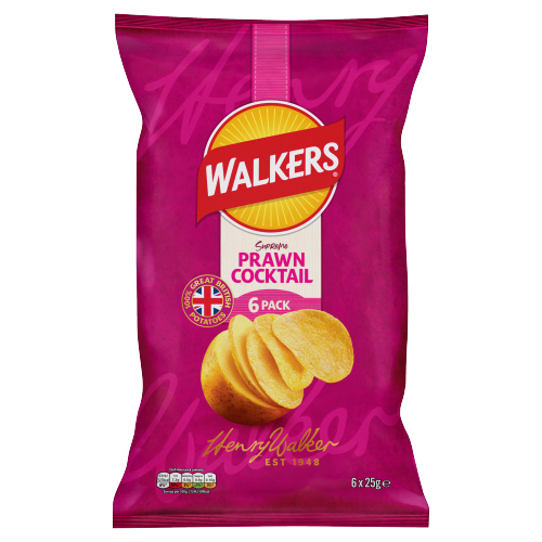 WALKERS PRAWN COCKTAIL CRISPS 6PK NO HIGH FATE SUGAR SALT NHFSS 25G