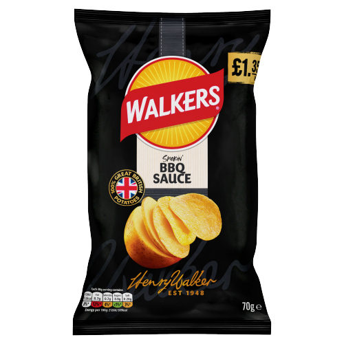 WALKERS BBQ SAUCE SHARING BAG CRISPS PMP £1.35 18X 70G