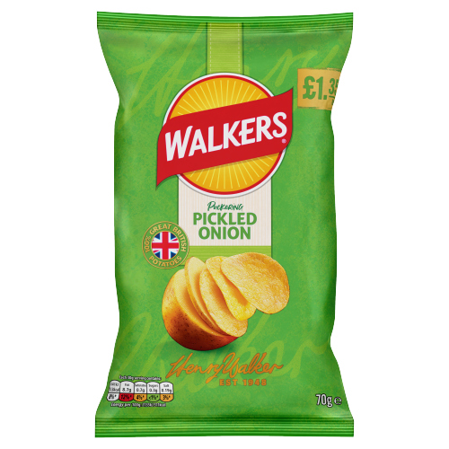 WALKERS PICKLED ONION SHARING CRISPS PMP £1.35 70G