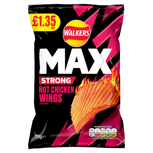 WALKERS MAX STRONG HOT CHICKEN WINGS CRISPS PMP £1.35 70G
