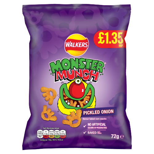 WALKERS MONSTER MUNCH PICKLED ONION CRISPS PMP £1.35 18X 72G