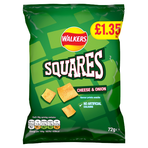 WALKERS SQUARES CHEESE AND ONION SNACKS PMP £1.35 18X 72G