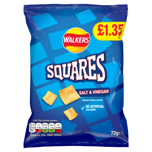 WALKERS SQUARES SALT & VINEGAR PMP £1.35 18X 72G