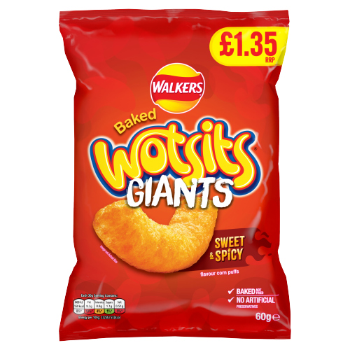WALKERS WOTSITS GIANTS SWEET & SPICY FLAMIN' HOT PMP £1.35 60G