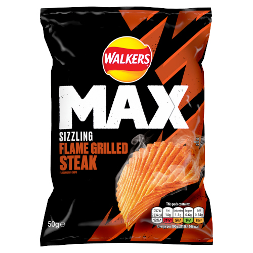 WALKERS MAX SIZZLING FLAME GRILLED STEAK GRAB BAG CRISPS NHFSS 50G