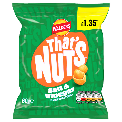 THAT’S NUTS WALKERS SALT & VINEGAR COATED PEANUTS PMP £1.35 60G