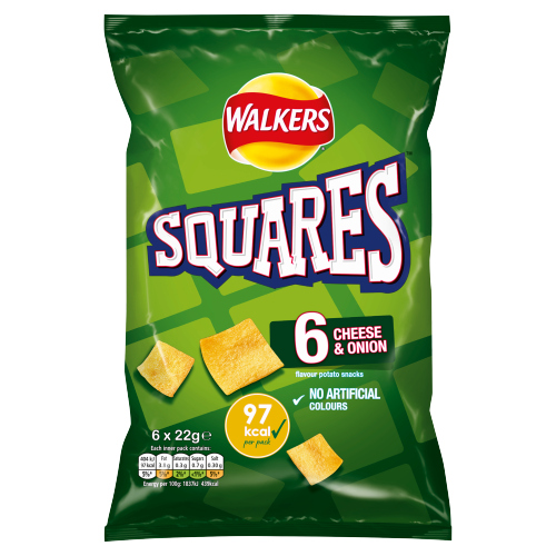 WALKERS SQUARES CHEESE & ONION CRISPS 6PK 22G