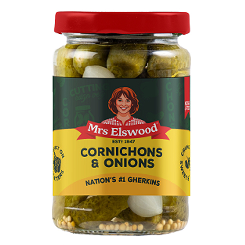 MRS ELSWOOD CORNICHONS & ONIONS 215G