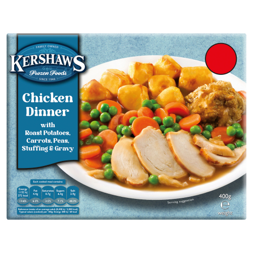 KERSHAWS HOMESTYLE CHICKEN DINNER WITH ROAST POTATOES, CARROTS, PEAS & STUFFING PMP £2.75 400G