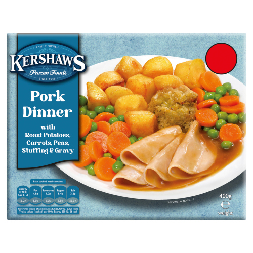 KERSHAWS HOMESTYLE PORK DINNER WITH ROAST POTATOES, CARROTS, PEAS & STUFFING PMP £2.75 400G