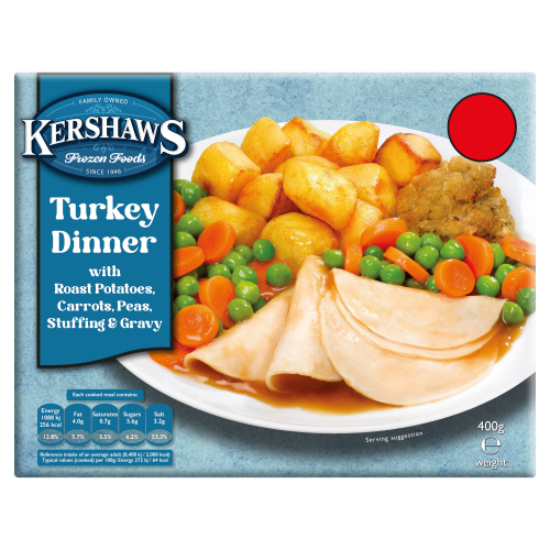 KERSHAWS HOMESTYLE TURKEY DINNER WITH ROAST POTATOES, CARROTS, PEAS & STUFFING PMP £2.75 400G
