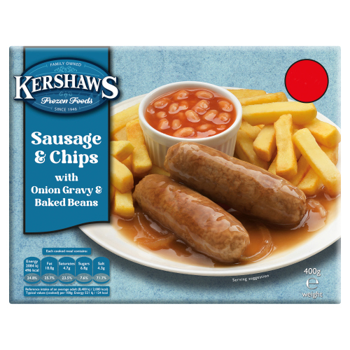 KERSHAWS CLASSIC SAUSAGE & CHIPS WITH ONION GRAVY & BAKED BEANS PMP £2.75 400G