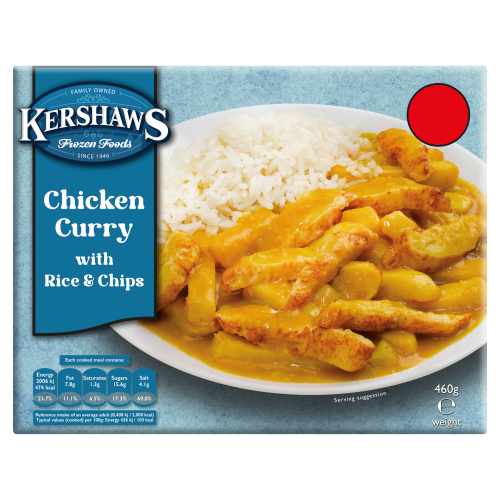KERSHAWS CHIP SHOP CHICKEN CURRY WITH RICE & CHIPS PMP £2.75 460G
