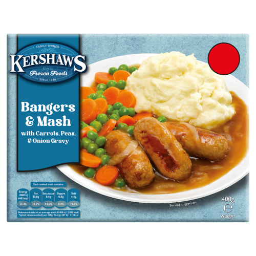 KERSHAWS HOMESTYLE BANGERS & MASH WITH CARROTS, PEAS & ONION GRAVY PMP £2.75 400G