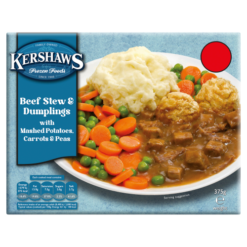 KERSHAWS HOMESTYLE BEEF STEW & DUMPLINGS WITH MASH, CARROTS & PEAS PMP £2.75 375G