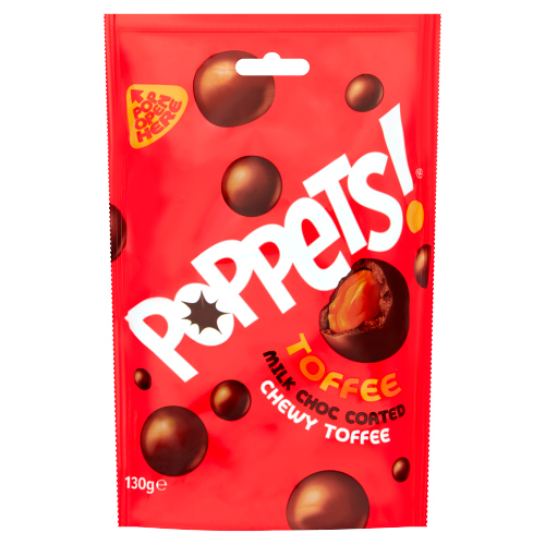 POPPETS TOFFEE MILK CHOCOLATE COATED CHEWY TOFFEE 130G