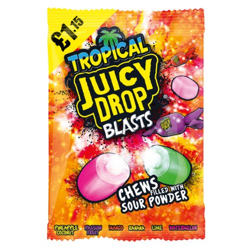 BAZOOKA JUICY DROP BLASTS TROPICAL PMP £1.15 12PK 120G