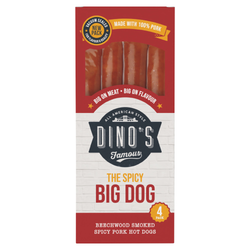 DINO'S FAMOUS BEECHWOOD SMOKED SPICY PORK HOT DOGS 360G