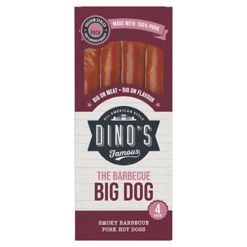 DINO'S FAMOUS THE BARBECUE BIG DOG SMOKY BARBECUE PORK HOT DOGS 360G