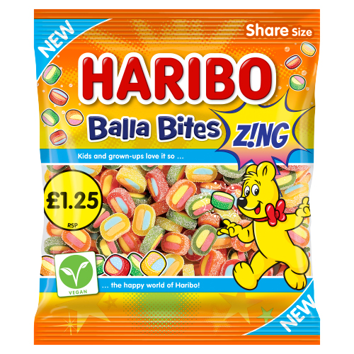 HARIBO BALLA BITES VEGAN FRIENDLY ZING  PMP £1.25 140G- LAUNCH JUNE-2026