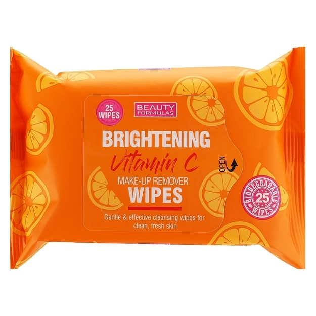BEAUTY FORMULAS VITAMIN C BRIGHTENING BIODEGRADABLE MAKEUP REMOVER WIPES 25S
