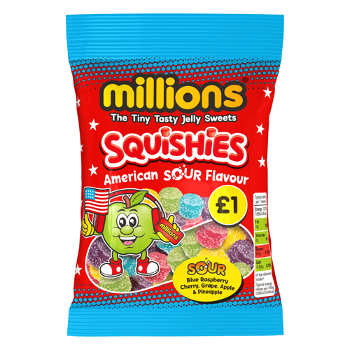 MILLIONS SQUISHIES AMERICAN SOUR BAG PMP £1.00 100G