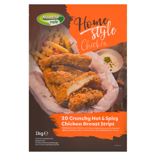 MEADOW VALE HOT & SPICY CHICKEN BREAST STRIPS 1KG