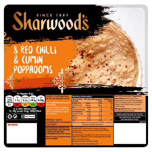 SHARWOOD'S 8 RED CHILLI & CUMIN POPPADOMS 72G