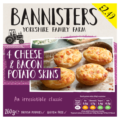 BANNISTERS FARM 4 CHEESE& BACON POTATO SKINS PMP £2.49 260G