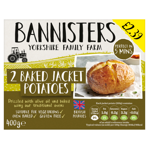 BANNISTERS FARM 2 BAKED JACKET POTATOES PMP £2.39 400G
