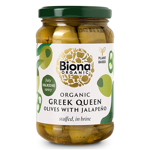 BIONA GREEK QUEEN OLIVES WITH JALAPENO STUFFED IN BRINE ORGANIC 370G
