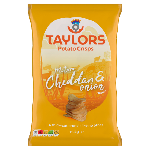 TAYLORS MATURE CHEDDAR & ONION FLAVOUR STRAIGHT CUT POTATO CRISPS 150G