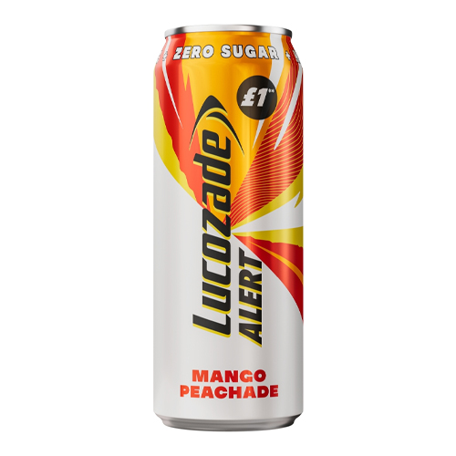 LUCOZADE ALERT MANGO PEACHADE ZERO SUGAR CAN PMP £1.00 500ML