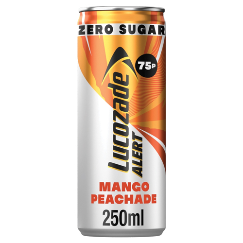 LUCOZADE ALERT MANGO & PEACH CAFFEINE ZERO SUGAR CAN PMP 75P 250ML