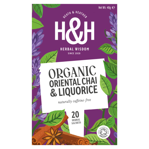 HEATH & HEATHER ORGANIC ORIENTAL CHAI & LIQUORICE 20S ENVELOPE BAGS 40G