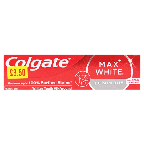 COLGATE TOOTHPASTE MAX WHITE LUMINOUS PMP £3.50 75ML