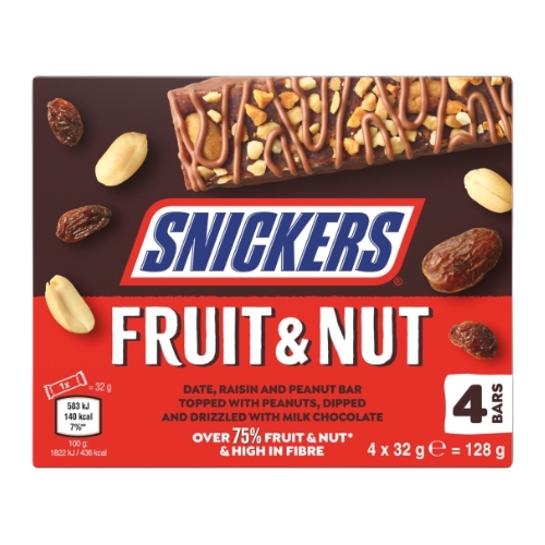 SNICKERS TRIPLE TREAT FRUIT & NUT CHOCOLATE SNACK BAR 4PK 128G