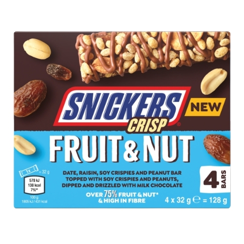 SNICKERS CRISP TRIPLE TREAT FRUIT & NUT CHOCOLATE SNACK BAR 4PK 128G