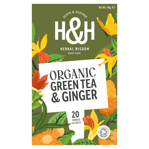 HEATH & HEATHER ORGANIC GREEN TEA & GINGER 20S HERBAL SACHETS 40G
