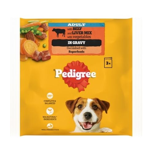 PEDIGREE WET DOG FOOD POUCHES BEEF, LIVER AND VEGETABLES IN GRAVY 3PK 100G