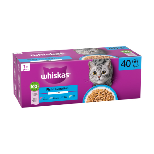 WHISKAS 1+ FISH FAVOURITES ADULT WET CAT FOOD POUCHES IN JELLY 40PK 85G