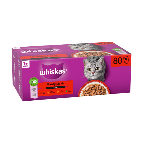 WHISKAS 1+ CAT POUCHES MEATY MEALS IN GRAVY 80X 85G