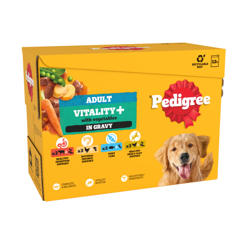 PEDIGREE VITALITY+  ADULT WET DOG FOOD SELECTION IN GRAVY POUCH 12PK 85G