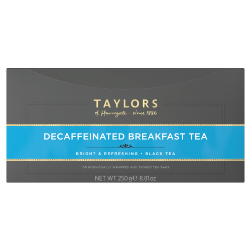 TAYLORS OF HARROGATE DECAFFEINATED BREAKFAST TEA 100 TEA BAGS 250G
