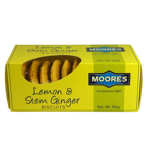 MOORES LEMON AND STEM GINGER BISCUITS 150G