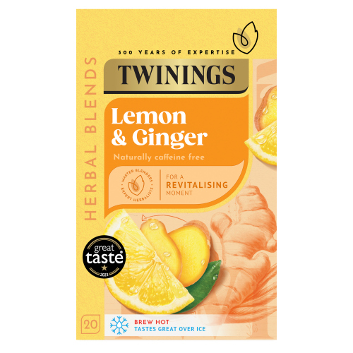 TWININGS LEMON & GINGER 20 SINGLE TEA BAGS 30G