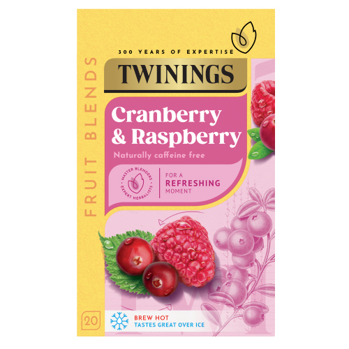 TWININGS CRANBERRY & RASPBERRY 20 SINGLE TEA BAGS 40G