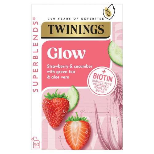 TWININGS SUPERBLENDS GLOW WITH STRAWBERRY, CUCUMBER AND GREEN TEA, 20 TEA BAGS